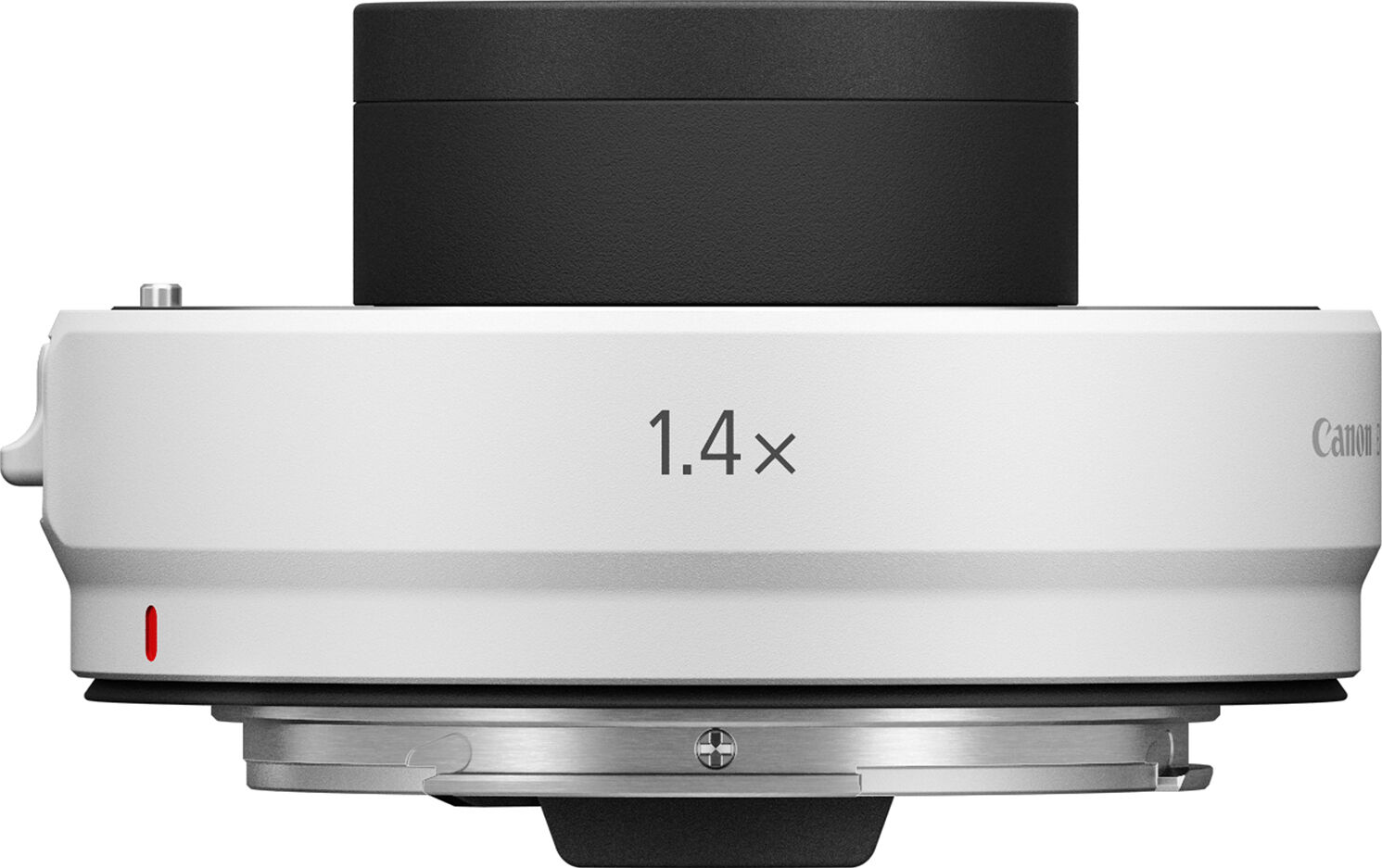 Un objectif Canon blanc avec une section supérieure noire. L'objectif porte l'inscription 1.4x et la marque Canon. Un indicateur rouge est visible.