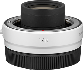 Un multiplicateur Canon 1.4x blanc et noir. Il a une lentille noire, un corps blanc et une base noire côtelée. Le chiffre 1.4x est visible.