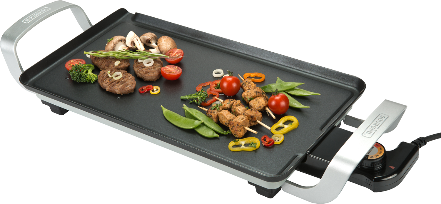 Electric grill with food. Includes vegetables, meat, and skewers. Has a temperature dial.