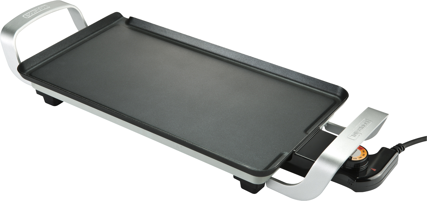 Electric griddle with silver handles and a black cooking surface, on a transparent background.