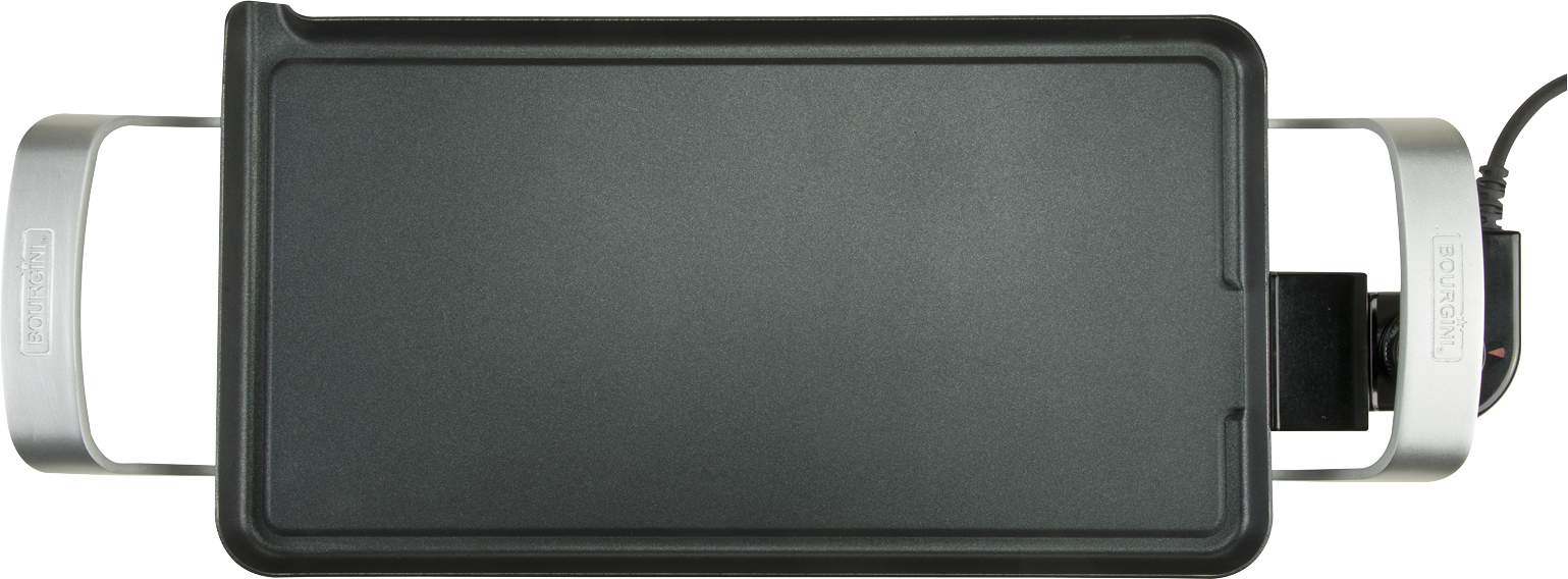 Black griddle with silver handles, no food, on a black background.