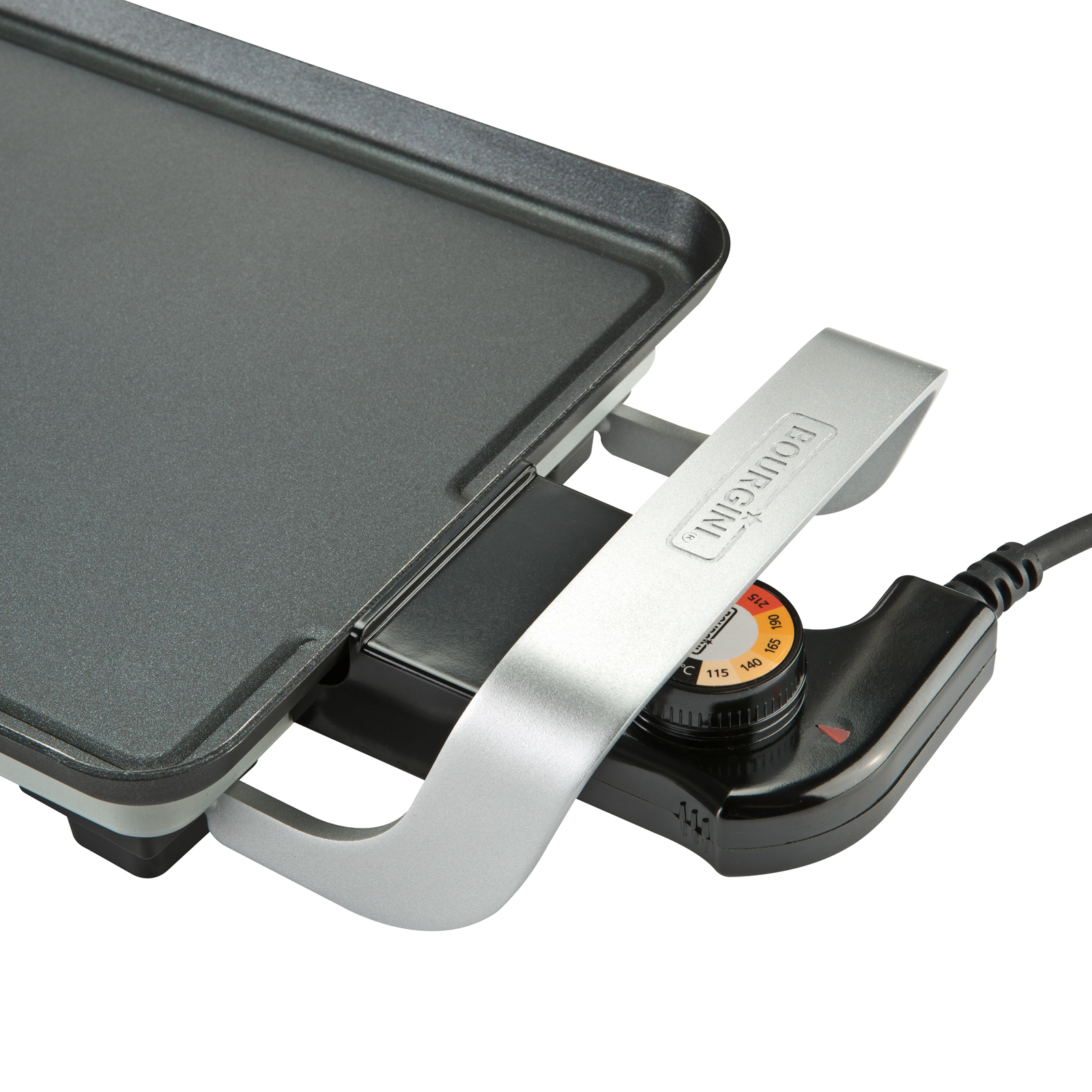 Electric griddle with a silver handle and temperature control. The griddle is black.