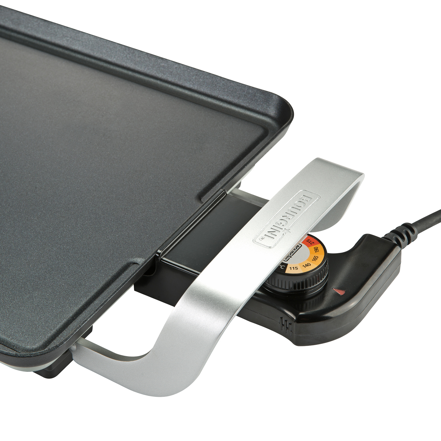 Black griddle with silver handle and dial. Electrical components.