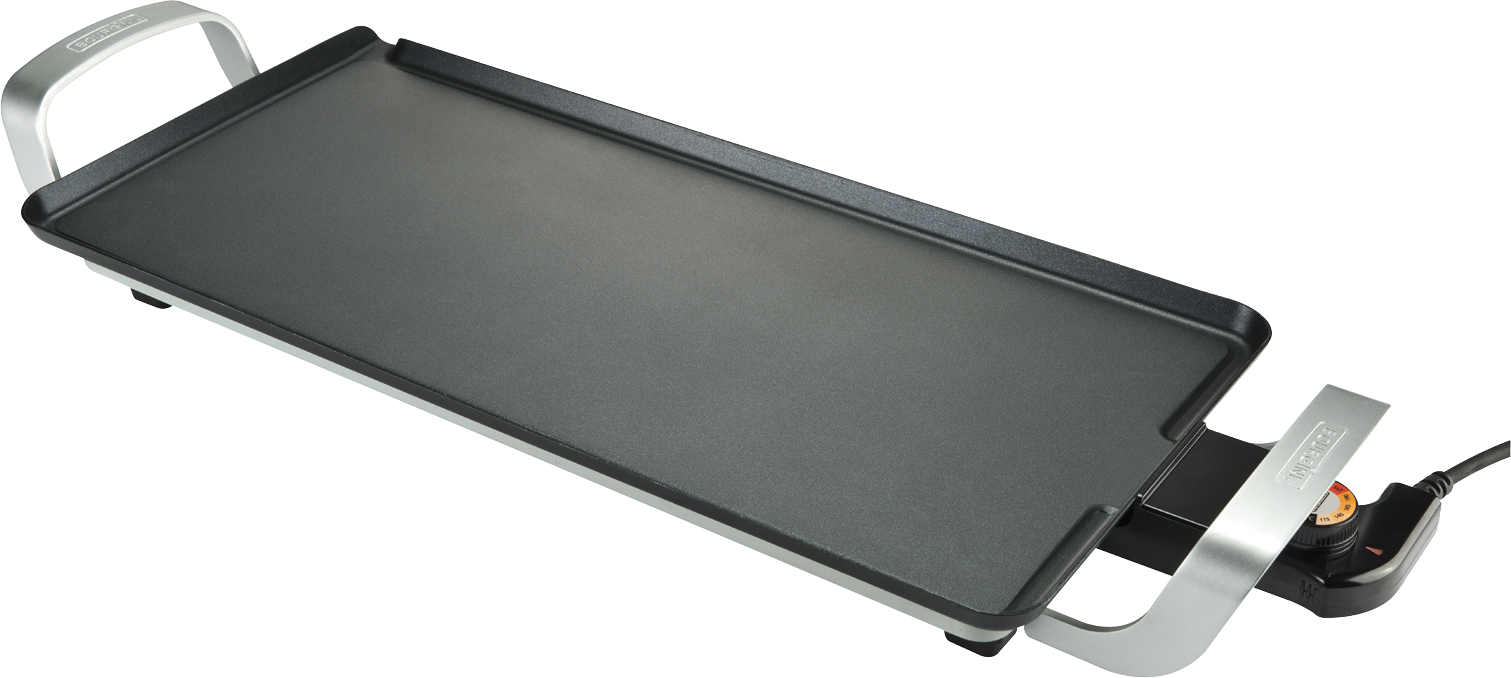 Black griddle with silver handles, and a temperature dial. The griddle is on a black background.