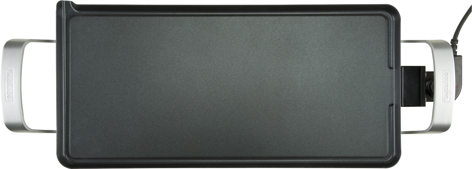 Black electric griddle with handles, top view.