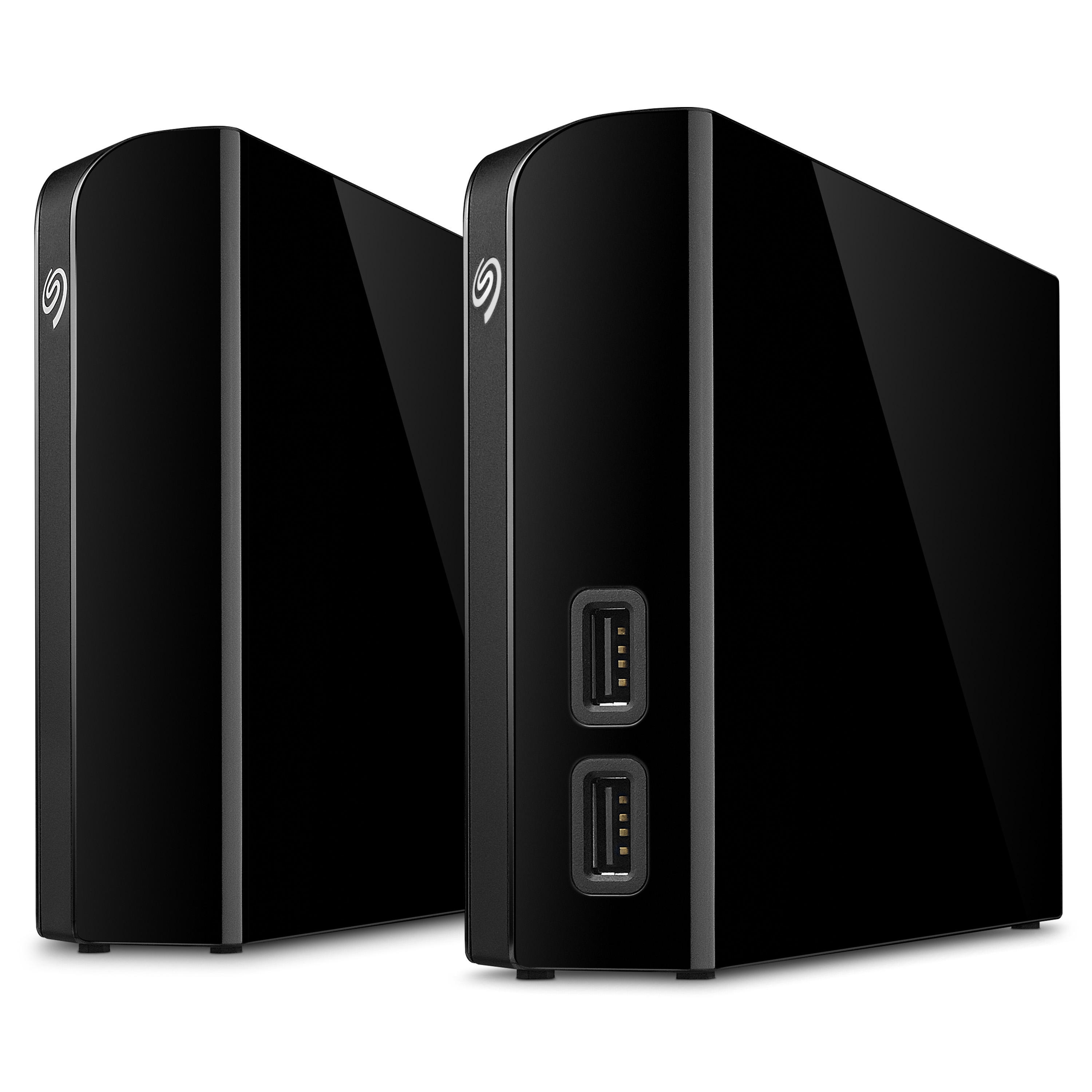 Zwei schwarze externe Festplatten nebeneinander, mit sichtbaren USB-Anschlüssen.