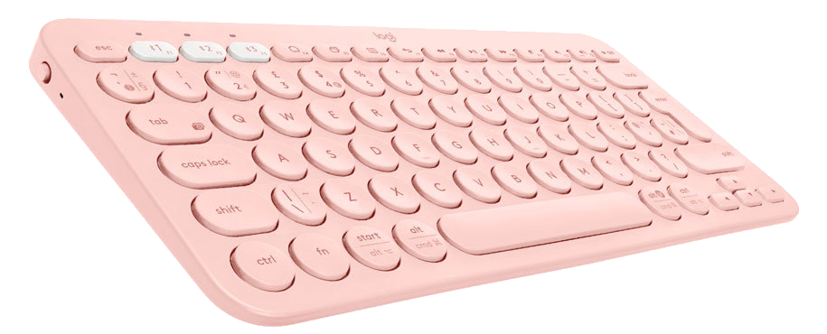 Egy világos rózsaszín Logitech billentyűzet, ferde nézetben, fehér gombokkal és funkciófeliratokkal.