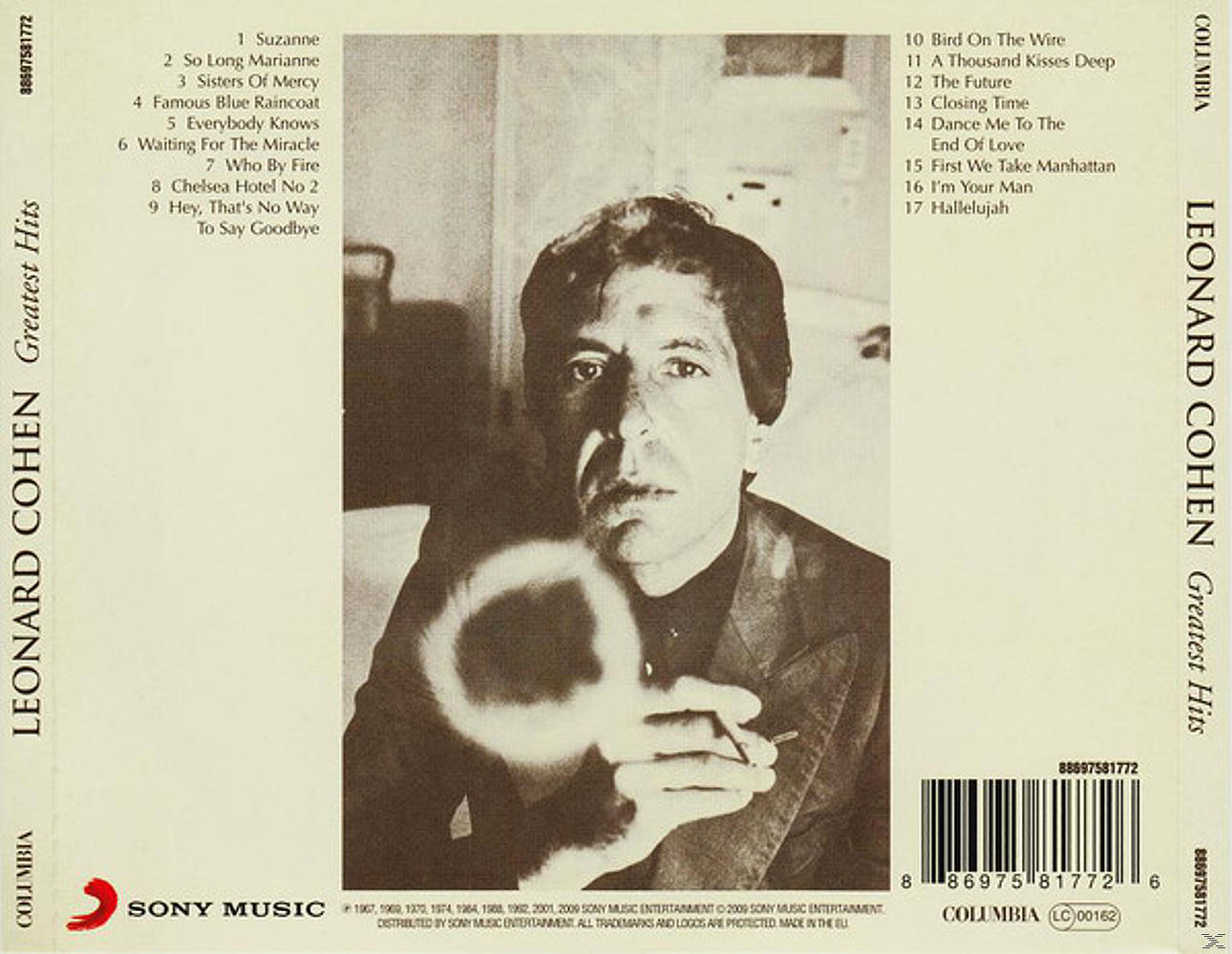 Albumcover von Leonard Cohens 'Greatest Hits', mit Porträt und Titelliste.