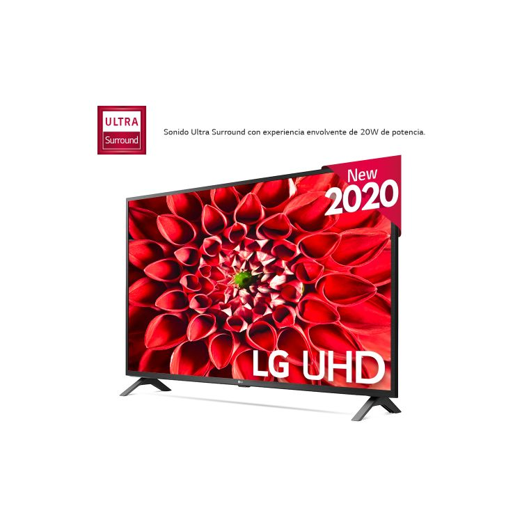 Televisor LG UHD con una pantalla floral roja, con las palabras 'New 2020'.