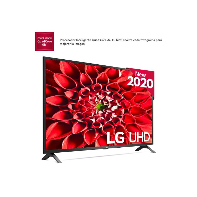 Televisor de pantalla plana con flores rojas en la pantalla. 'Nuevo 2020' y 'LG UHD' están escritos.
