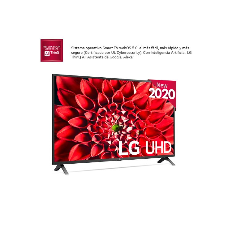 Un Smart TV LG UHD. Una gran flor roja está en la pantalla. Texto sobre las funciones está a la izquierda.