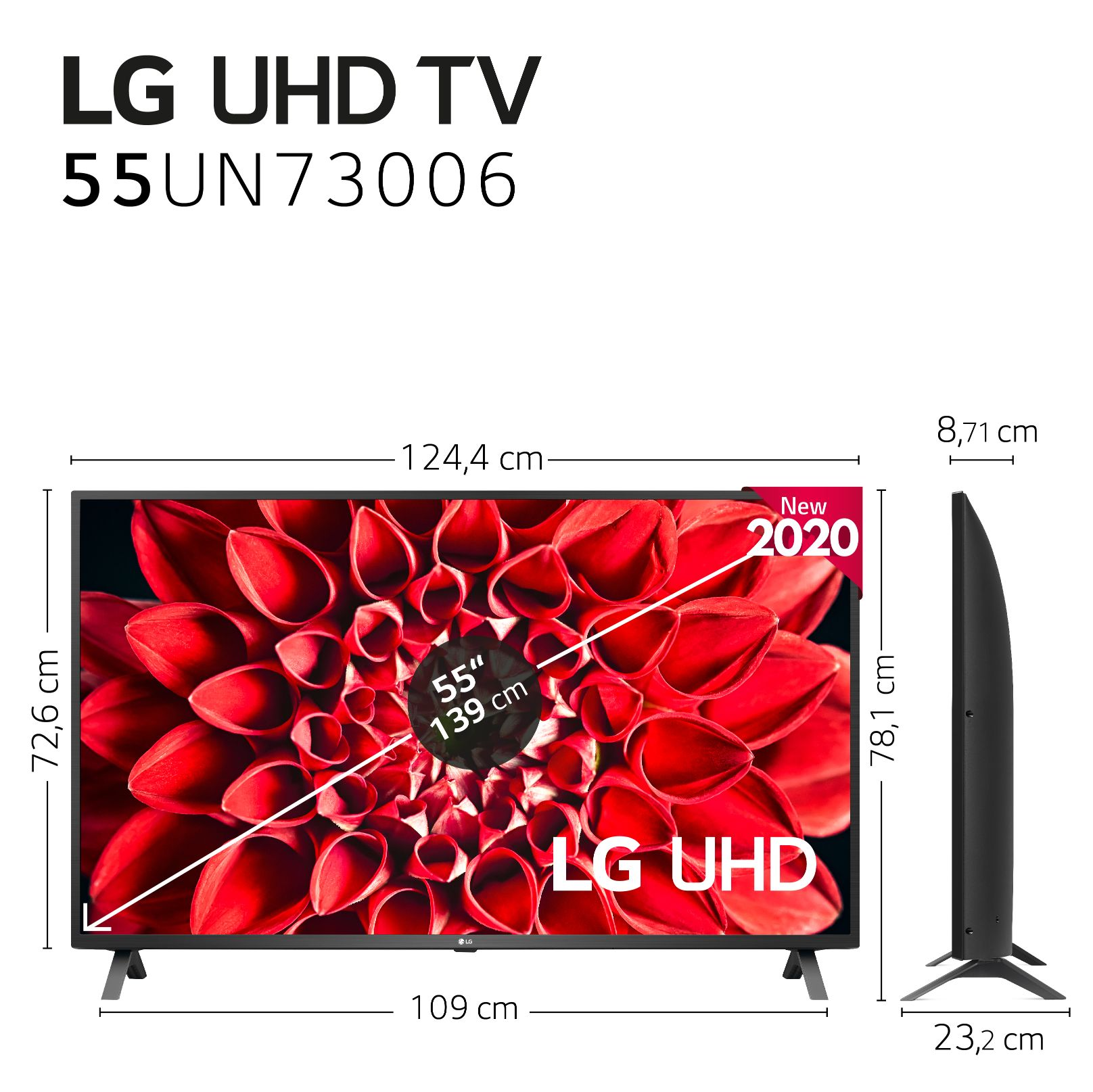 TV LG UHD con dimensiones. La pantalla muestra un diseño floral rojo.