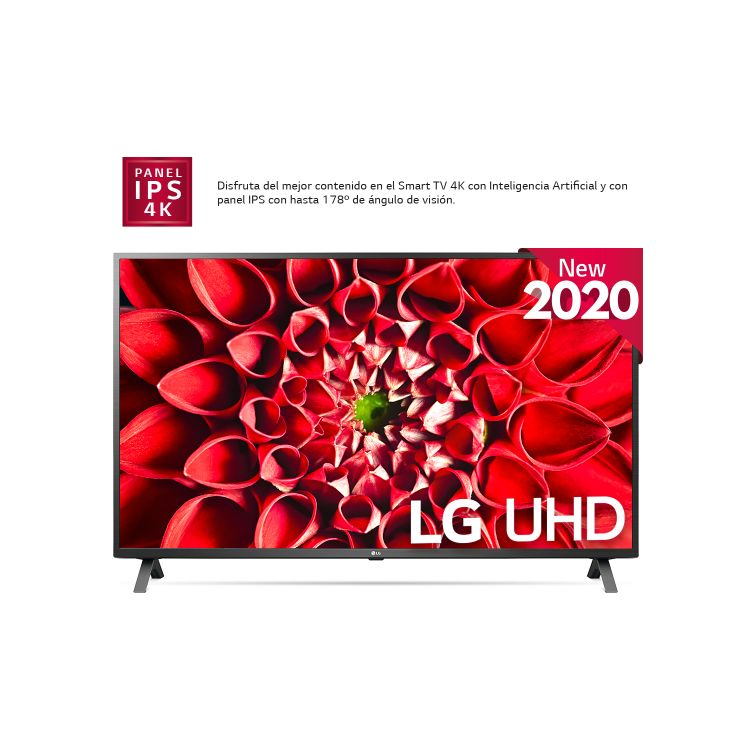 Una pantalla de TV grande que muestra una flor roja. El texto dice "LG UHD" y "2020".