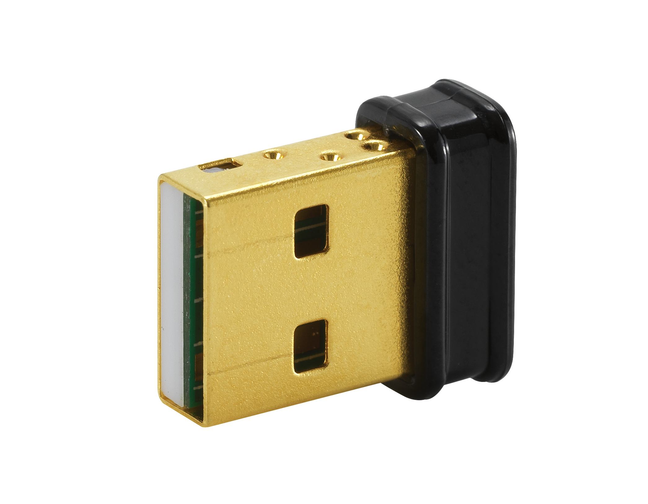 USB-Adapter mit einem goldfarbenen Metallgehäuse und einem schwarzen Kunststoffanschluss. Auf weißem Hintergrund.