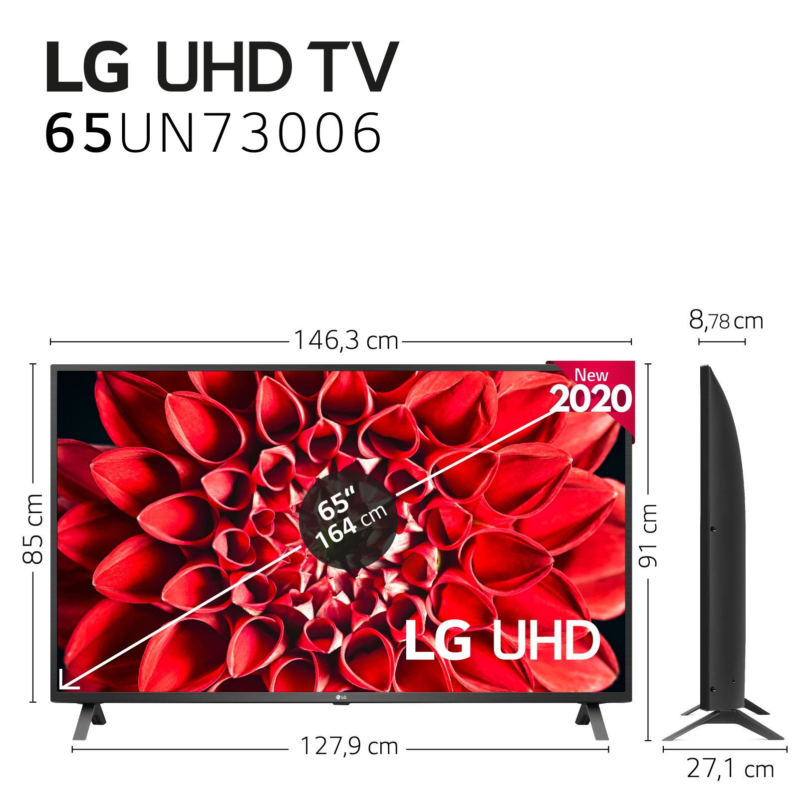 LG UHD TV, 65 pulgadas, con dimensiones. Una pantalla floral está en la pantalla.