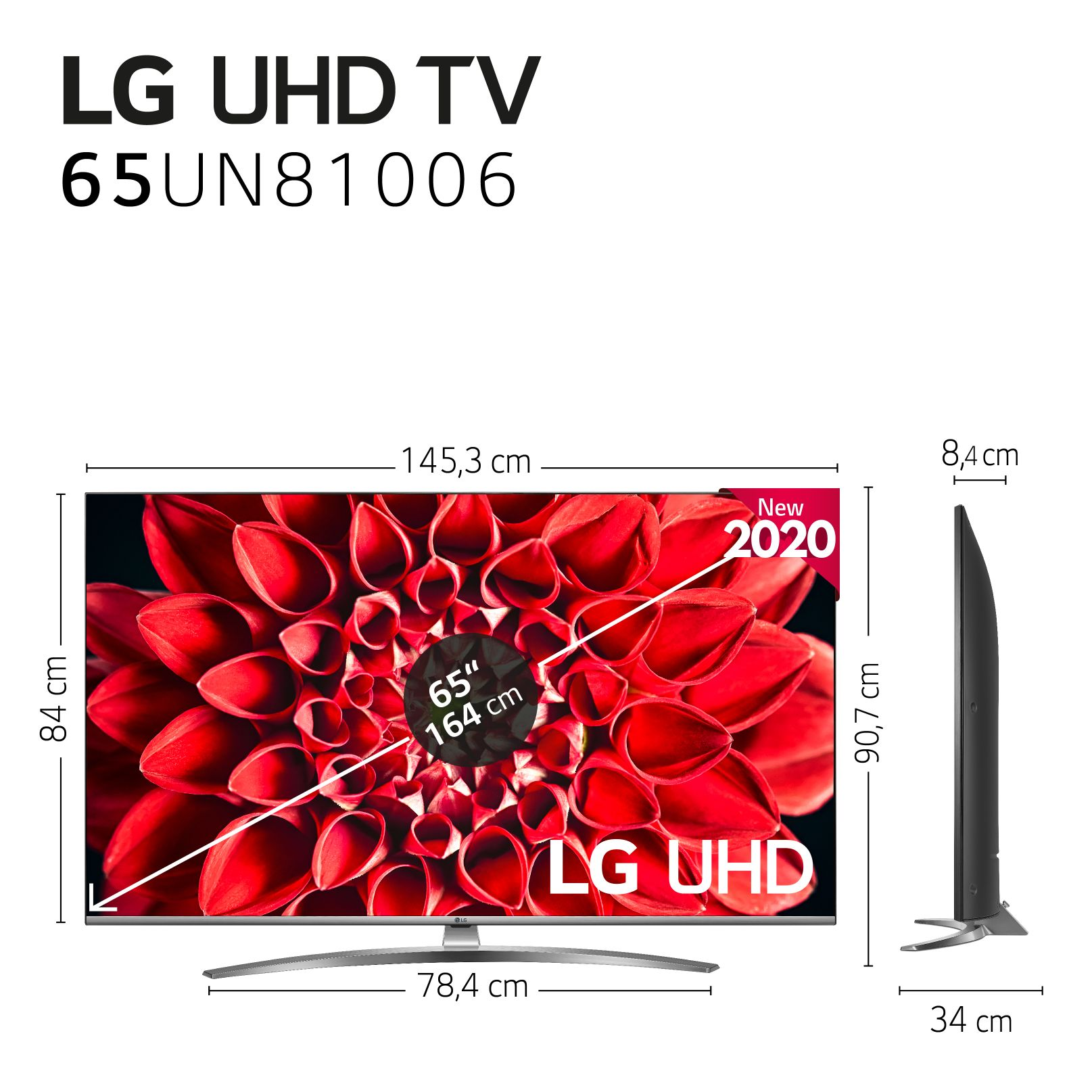 TV LED 65" - LG 65UN81006LB, UHD 4K, 3840x2160 p, Procesador Quad Core, HDR10 Pro, HLG, Sonido UltraSurround