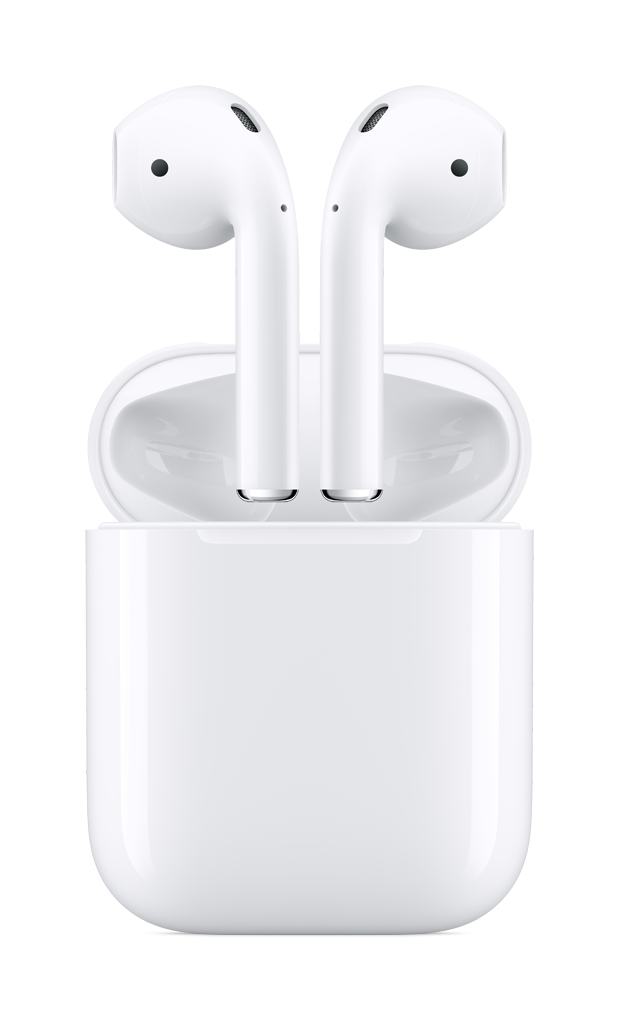 AirPods blancos en un estuche de carga blanco. El estuche está abierto y los auriculares están en posición vertical.