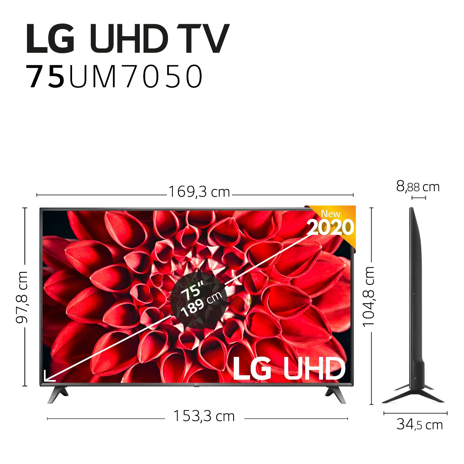 TV LED 75" - LG 75UM7050PLA.AEU .AEU, UHD 4K, 4K UHD 3 x HDMI, 2 x USB 2.0, A, Negro