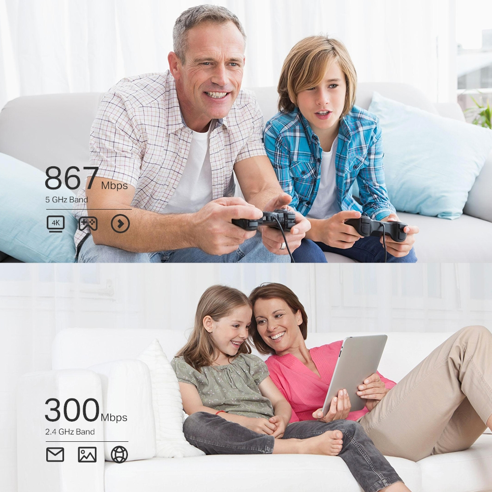 İki aile beyaz bir kanepede video oyunu oynuyor ve tablet kullanıyor. Simgeler ağ hızını gösterir.
