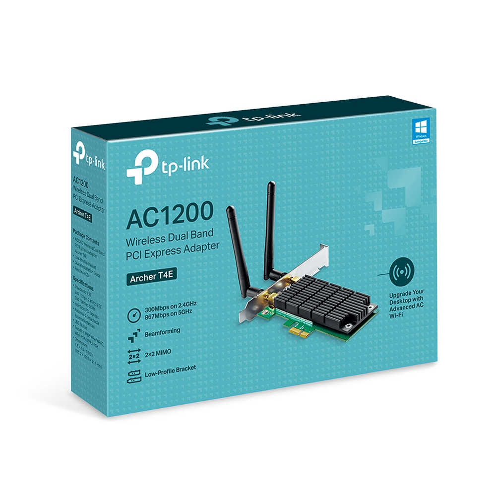 Özellikleri ile birlikte bir TP-Link AC1200 kablosuz çift bant PCI Express adaptör kutusu.