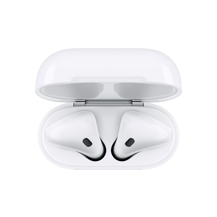 Estuche de carga blanco abierto con dos auriculares inalámbricos blancos dentro. Fondo blanco.