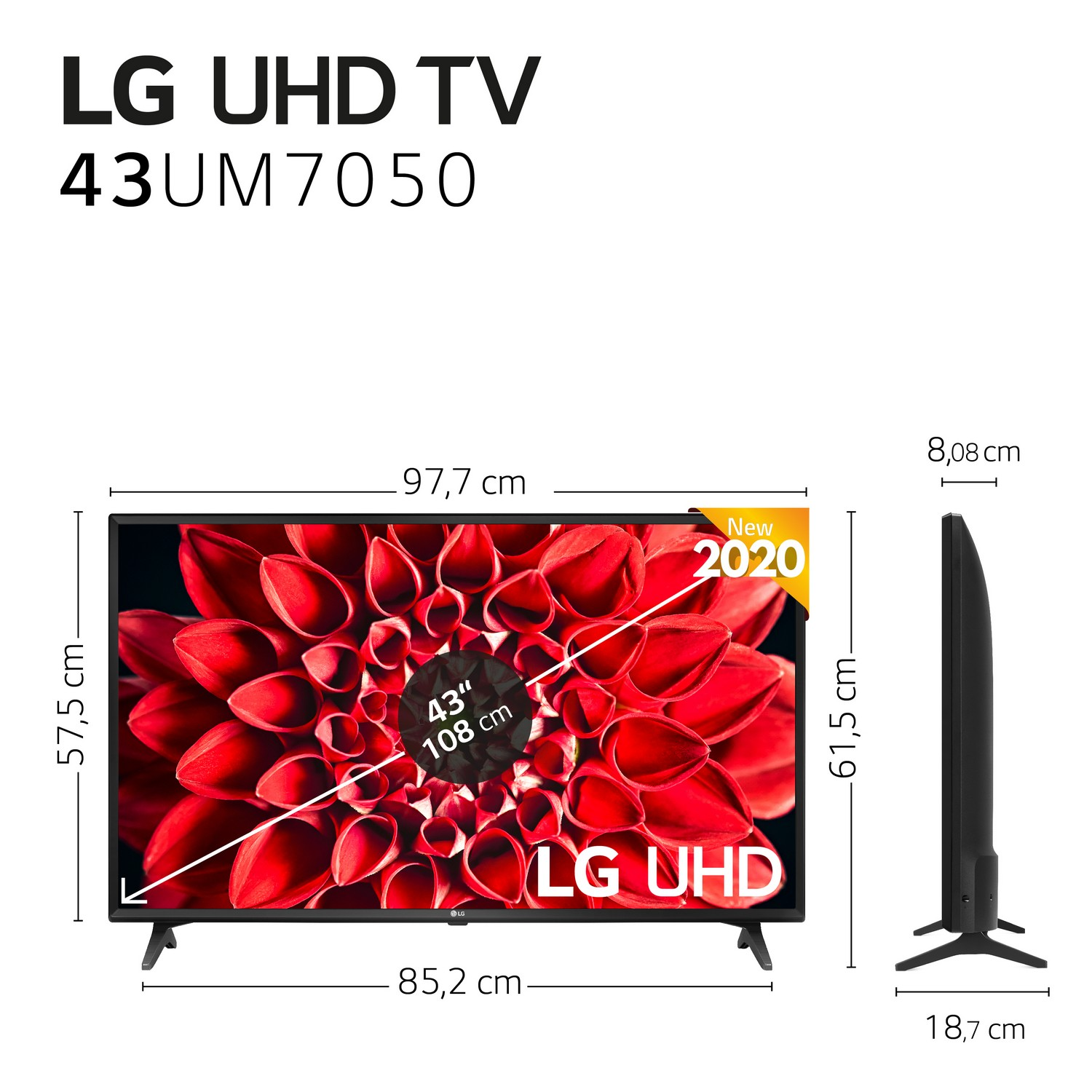 TV LED 43" - LG 43UM7050PLF, Smart TV 4K UHD, webOS 4.5, HDR10 Pro, HLG, Ultra Surround, HDMI, USB, WiFi [A]