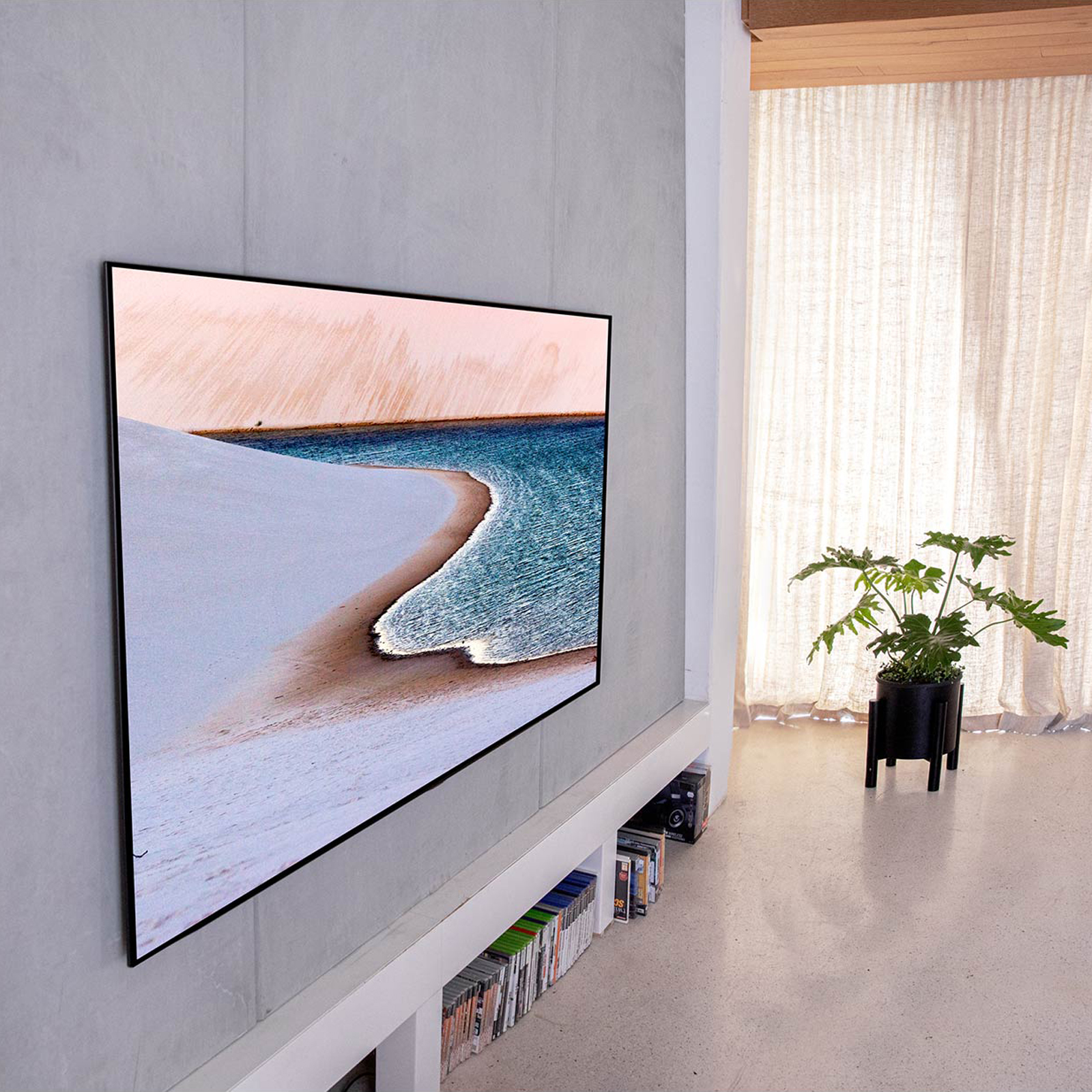 Interior moderno con una gran pantalla de TV en una pared. Se ven una planta y libros.