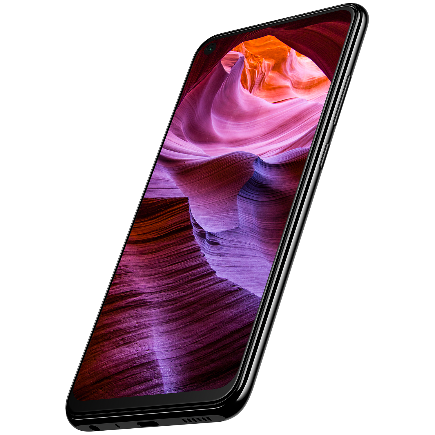 Bir kanyon fotoğrafı gösteren siyah bir akıllı telefon. Telefon açılı, ekranı gösteriyor.