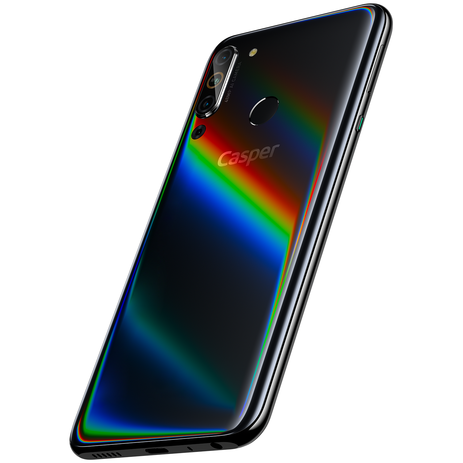 Gökkuşağı yansıması olan siyah bir Casper telefon. Telefonun arkası net.