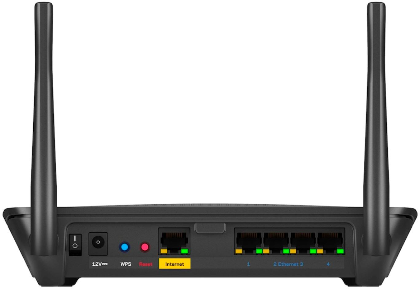Fekete router antennákkal, tápellátással, WPS-sel, reset-tel, internet- és ethernet-portokkal fehér felületen.