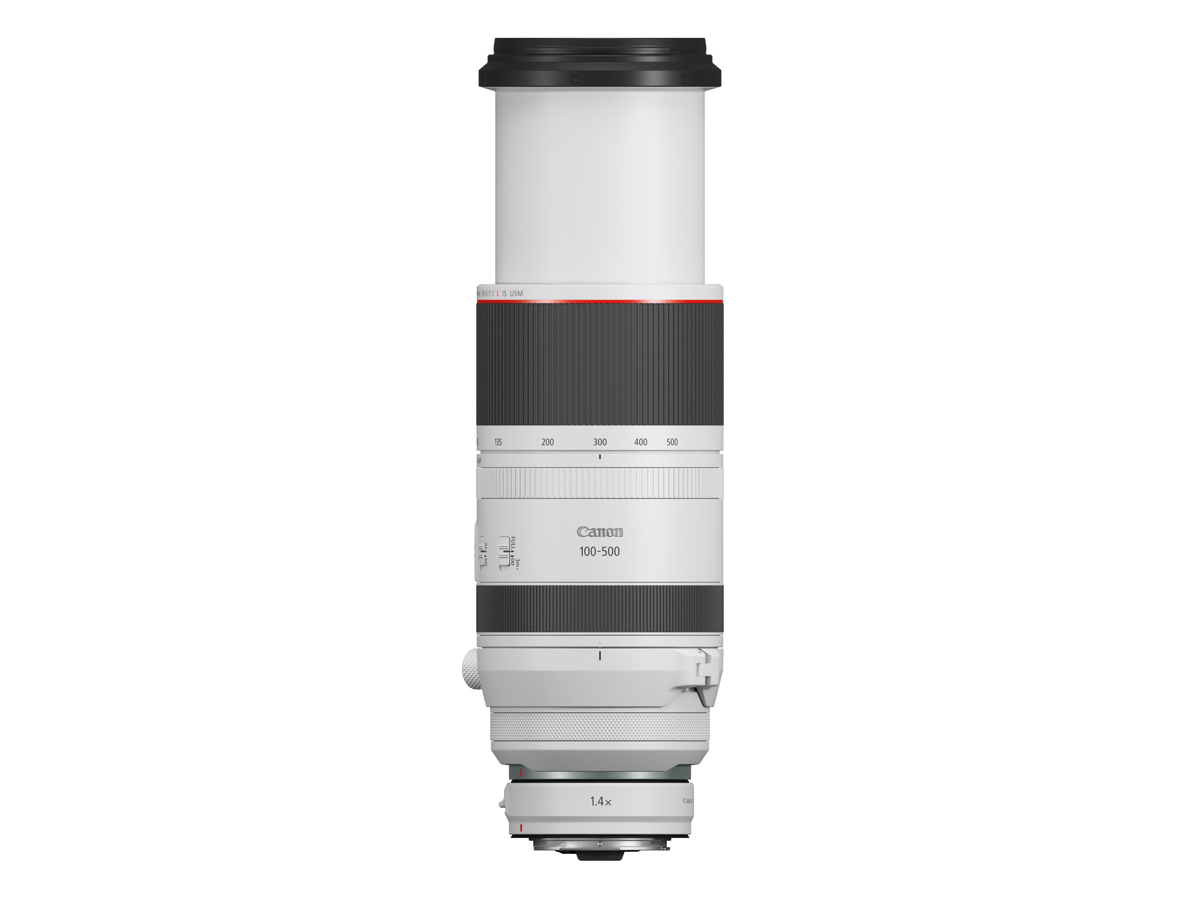 Weißes Canon 100-500mm Objektiv mit schwarzen Akzenten.