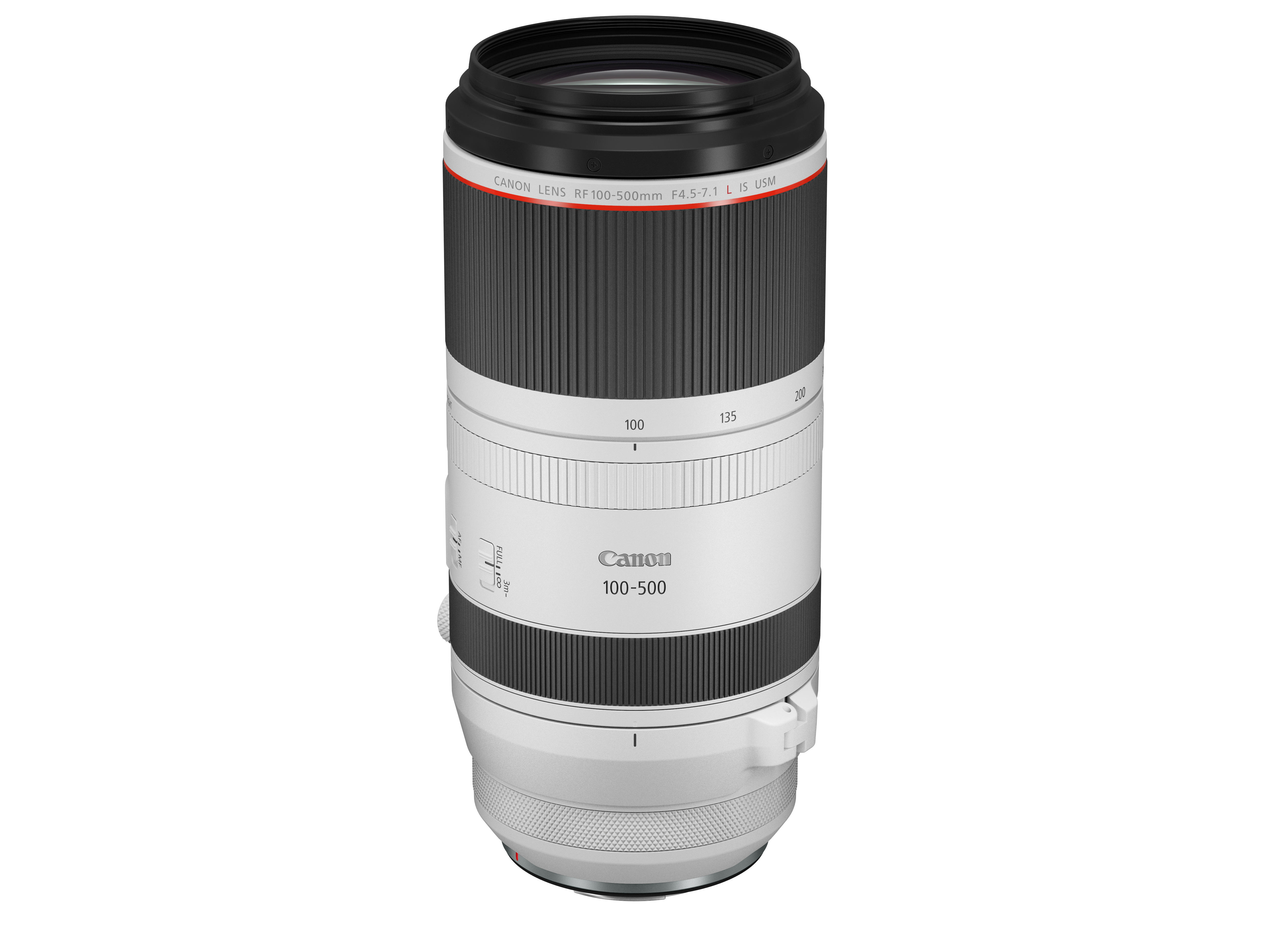 Weißes und schwarzes Canon 100-500mm Objektiv mit rotem Band, isoliert auf weißem Hintergrund.