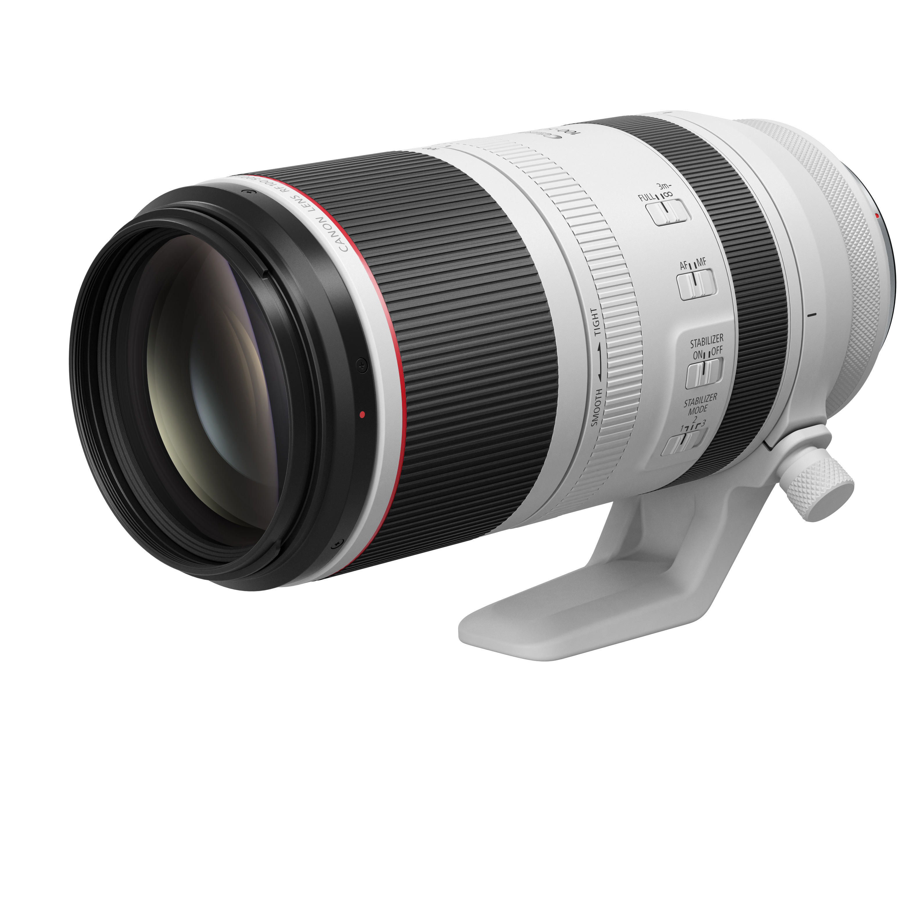 Canon-Objektiv, weiß und schwarz, mit rotem Ring, auf weißem Ständer vor weißem Hintergrund.
