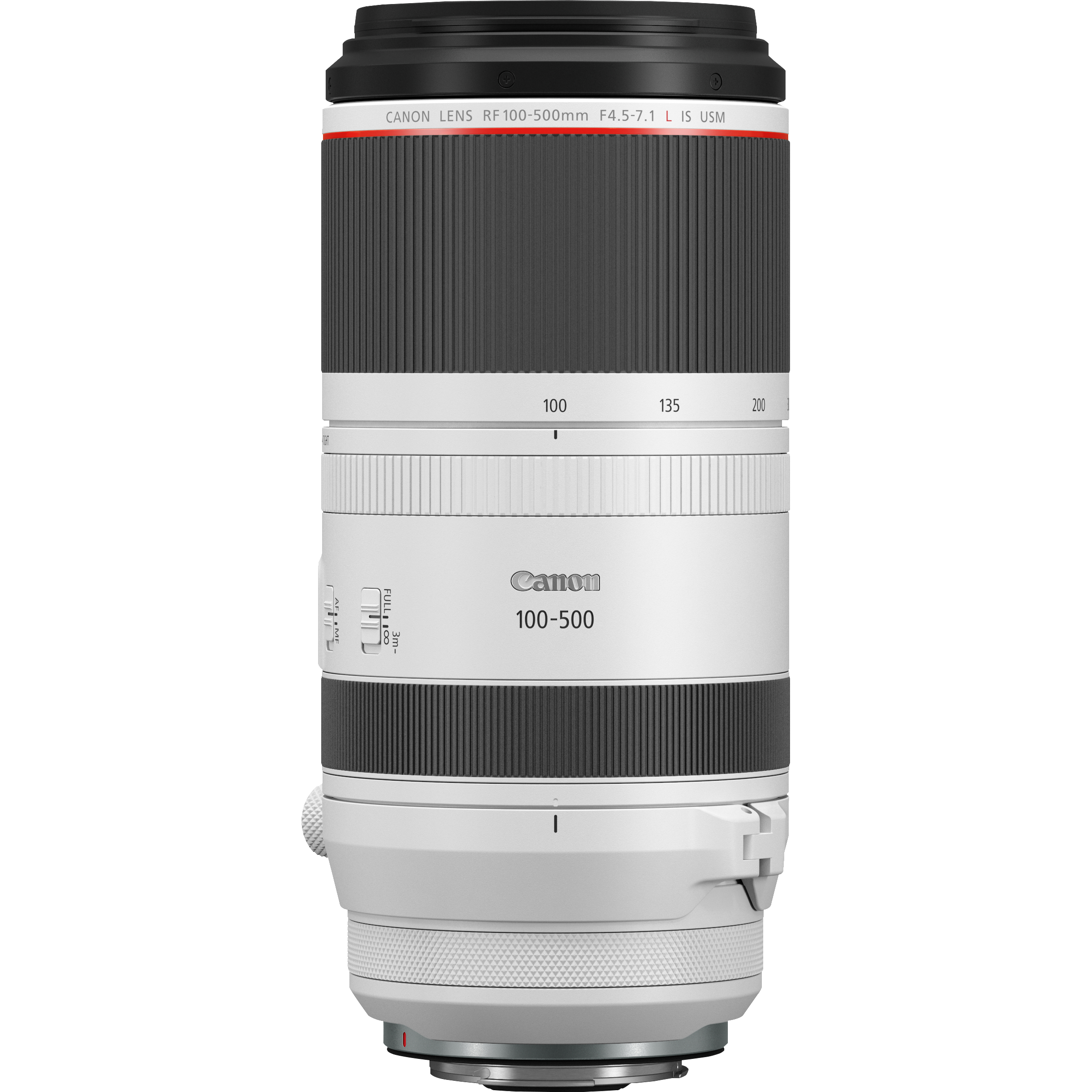 Canon 100-500mm Kameraobjektiv, weiß und schwarz, isoliert.