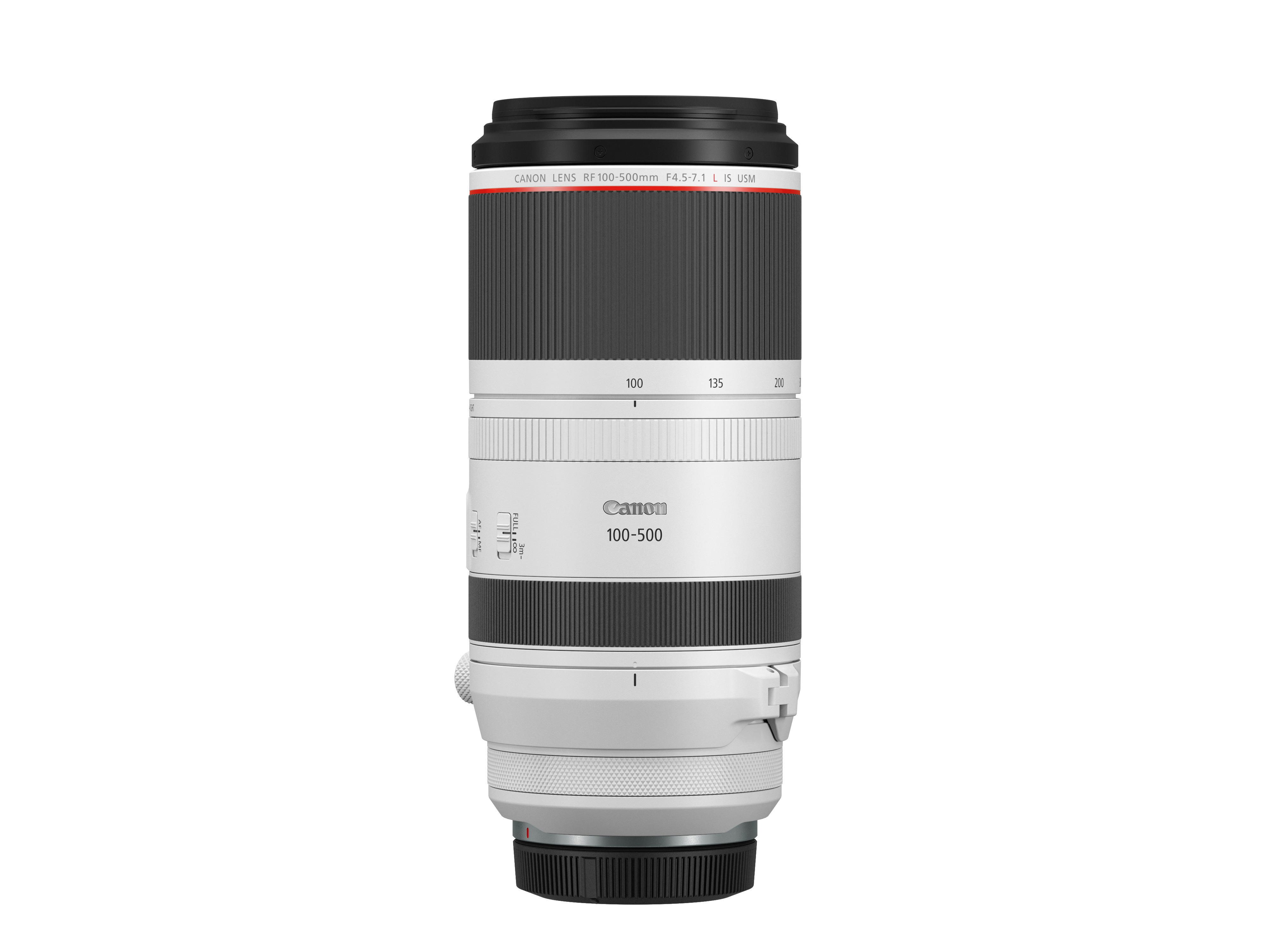 Canon 100-500mm Kameraobjektiv. Es ist weiß und schwarz mit roten Akzenten. Isoliert auf weißem Hintergrund.