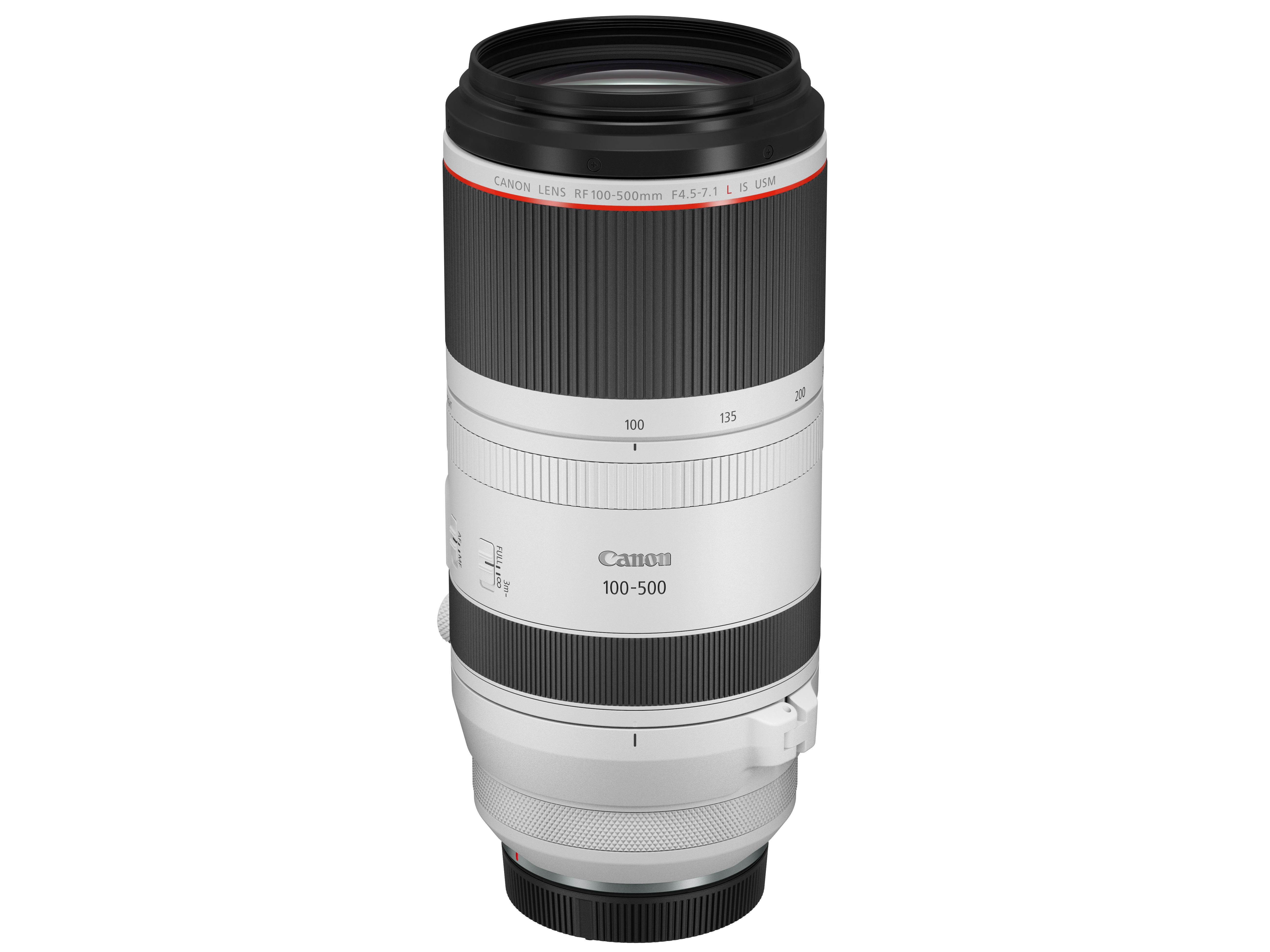 Weißes Canon 100-500mm Objektiv mit schwarzen Akzenten, freigestellt.