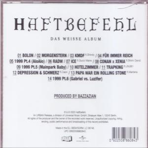Rückseite eines CD-Albums mit Text, weißer Hintergrund. Das Album heißt 'Haftbefehl - Das weisse Album'.