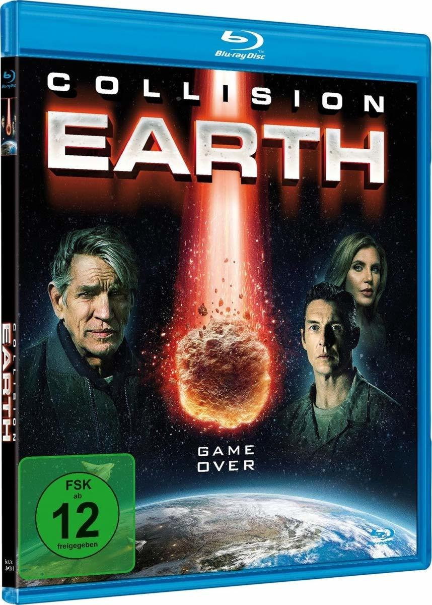 Blu-ray-Cover: 'Collision Earth' mit Schauspielern und einer Einschlag-Meteor-Grafik.