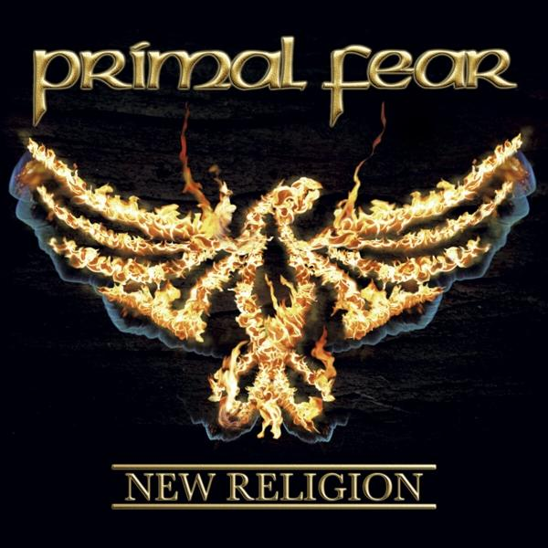 Albumcover mit goldenem Text: Primal Fear, New Religion. Ein brennender Phönix mit Flügeln.