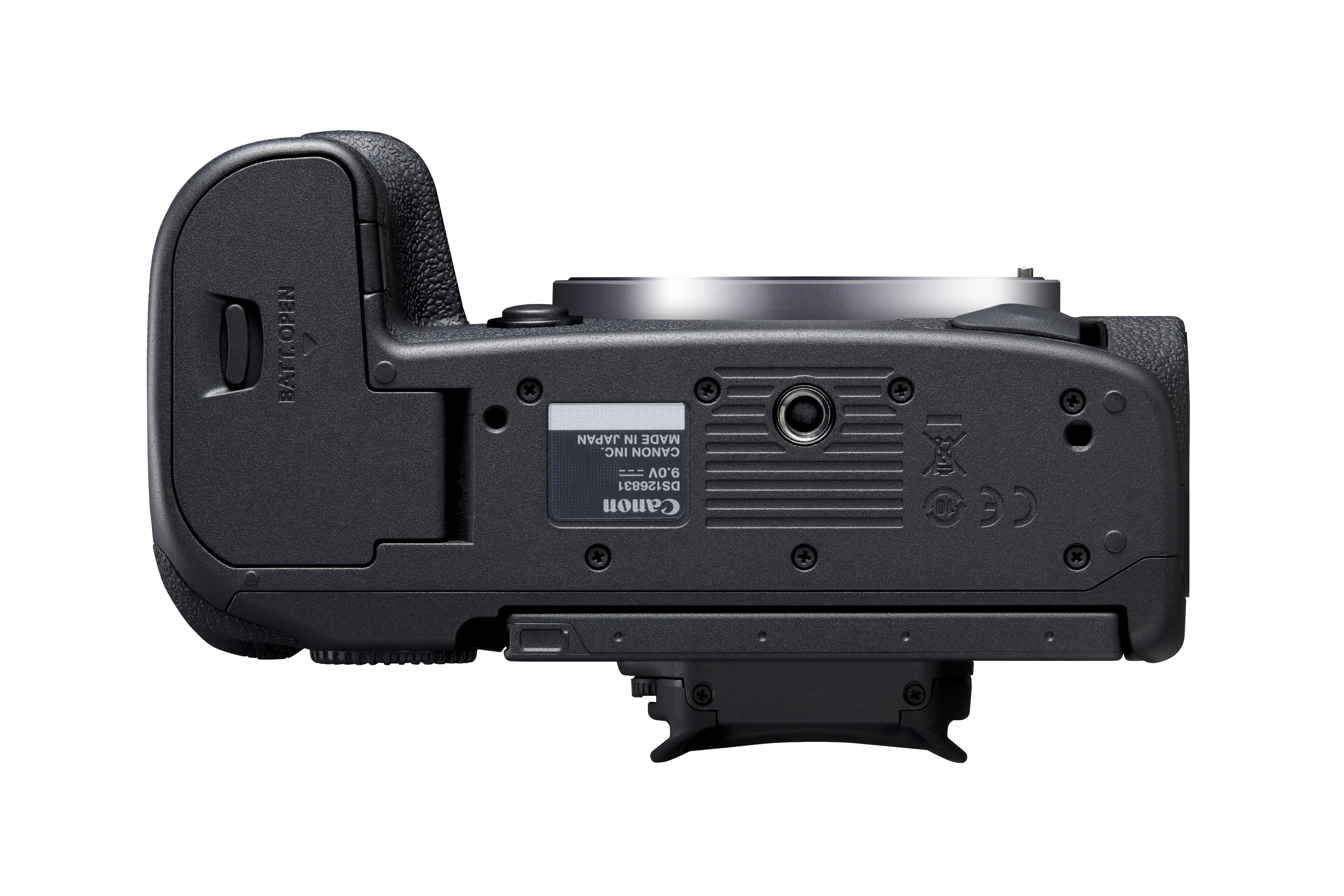 Eine schwarze Canon-Kamera mit geöffneter Batterietür, von oben betrachtet.