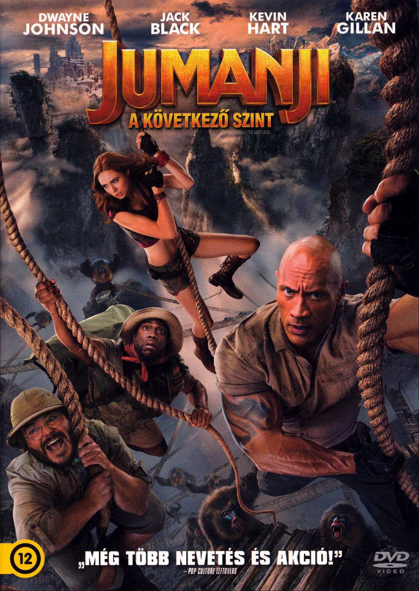 Filmplakát. Dwayne Johnson, Jack Black és Kevin Hart színészek dzsungel környezetben.