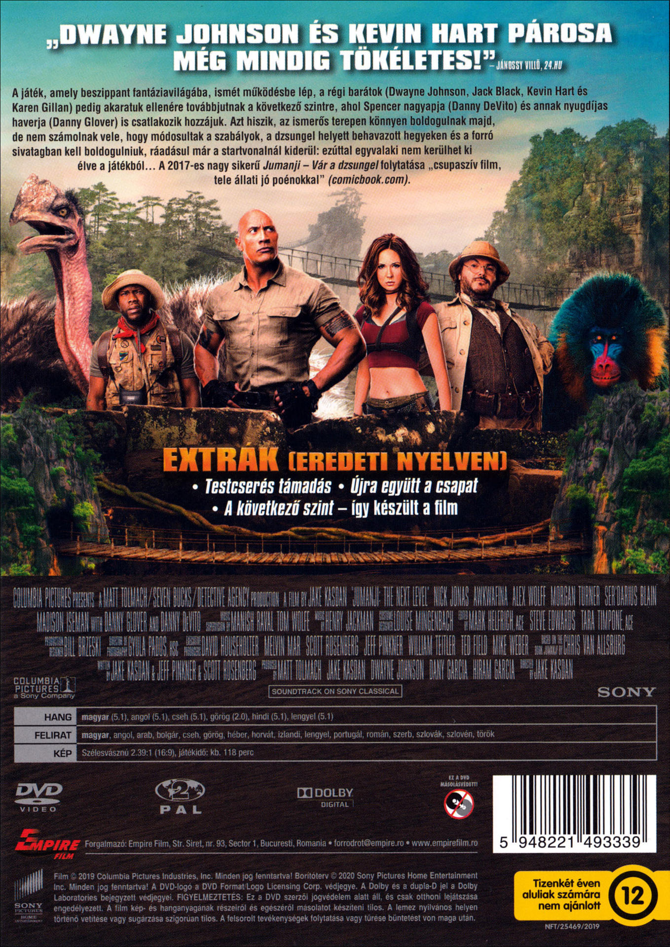 DVD borító a 'Jumanji: The Next Level' film szereplőivel, a 'Dwayne Johnson' és 'Kevin Hart' feliratokkal.