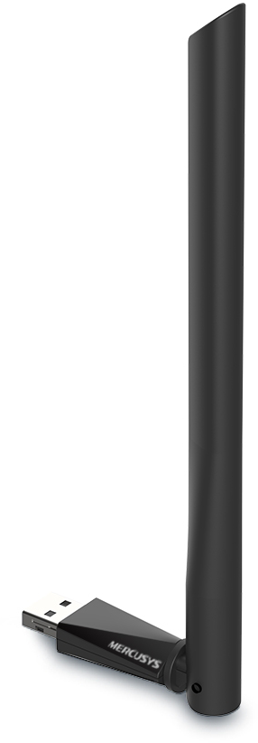 Egy fekete Mercusys USB WiFi adapter antennával.