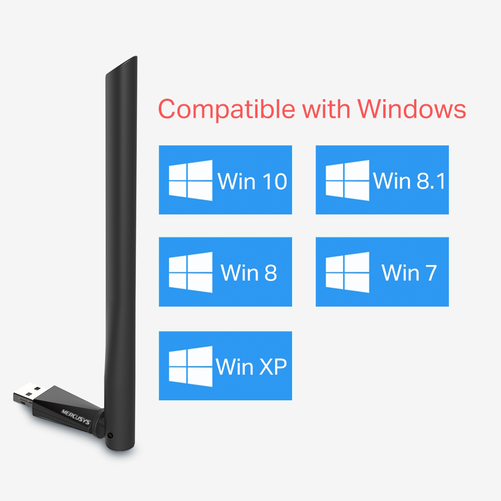 Fehér USB adapter antennával, Windows kompatibilis, fehér háttéren.