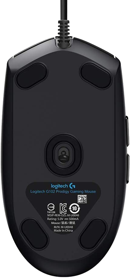 Egy fekete Logitech G102 Prodigy gaming egér alja fekete betétekkel és logóval.