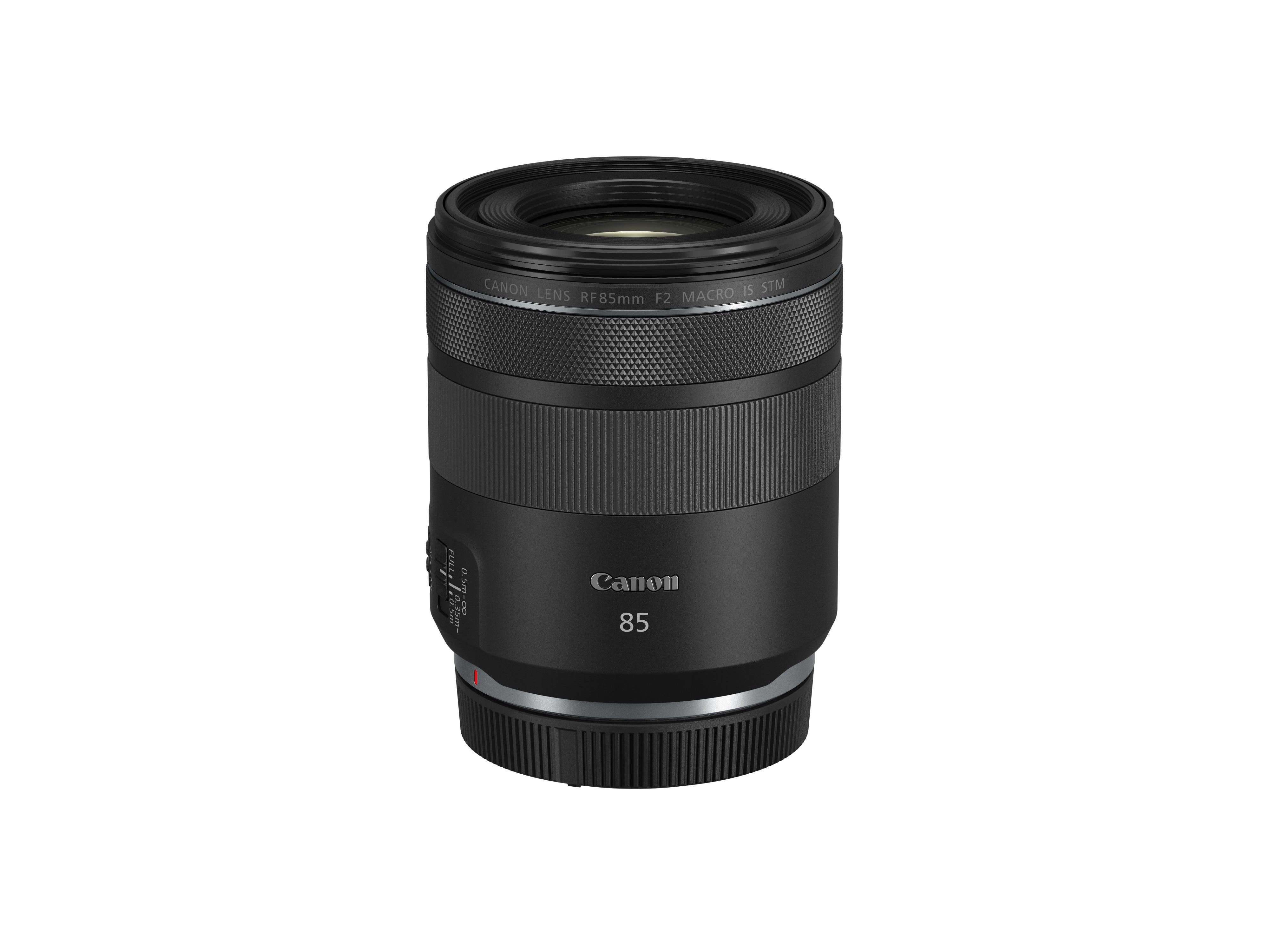 Schwarzes Kameraobjektiv mit 'Canon' und '85'-Markierungen, geriffeltes Design.