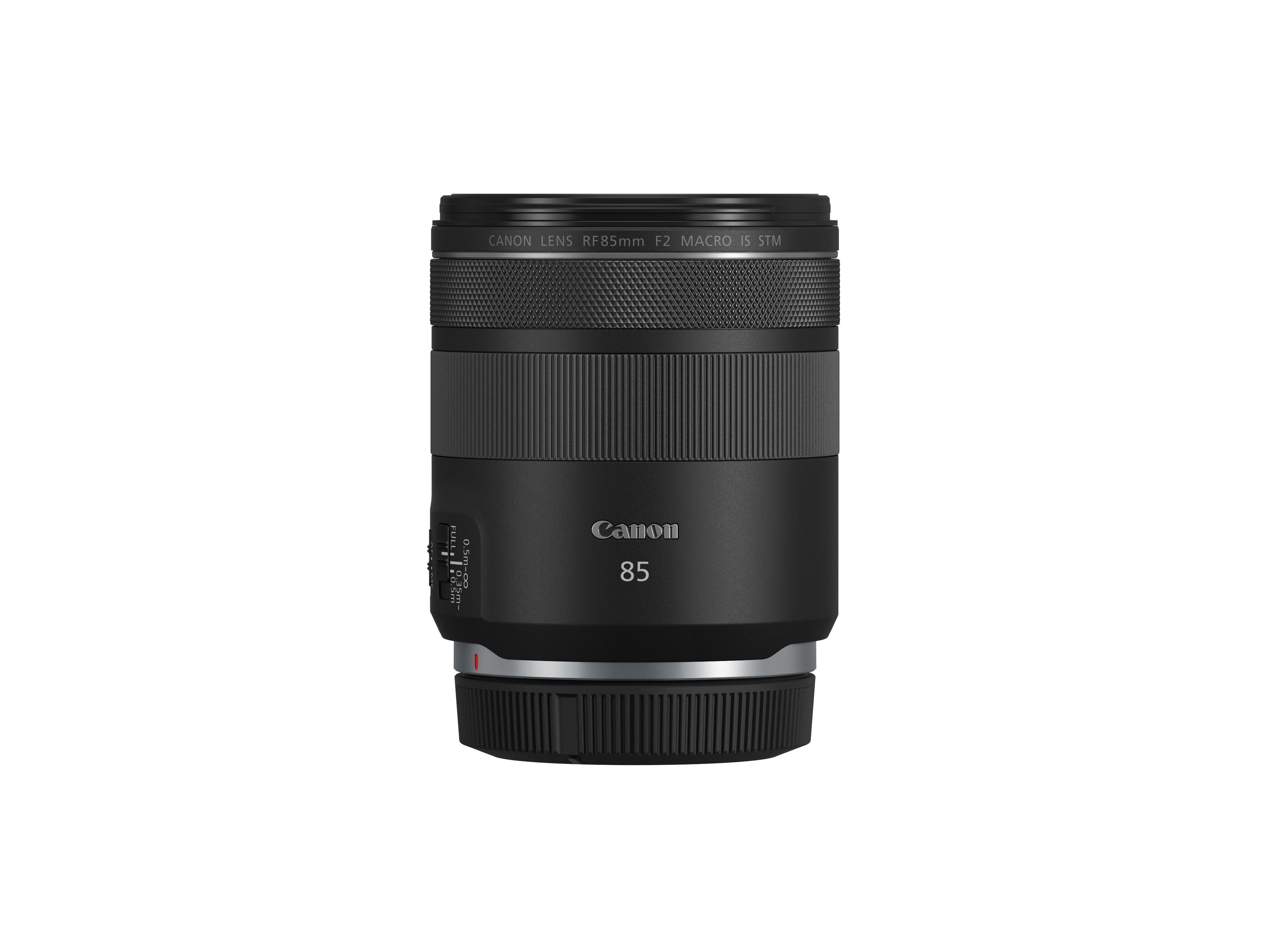 Schwarzes Kameraobjektiv mit 'Canon RF85mm F2 Macro IS STM' beschriftet. Es hat Einstellringe.