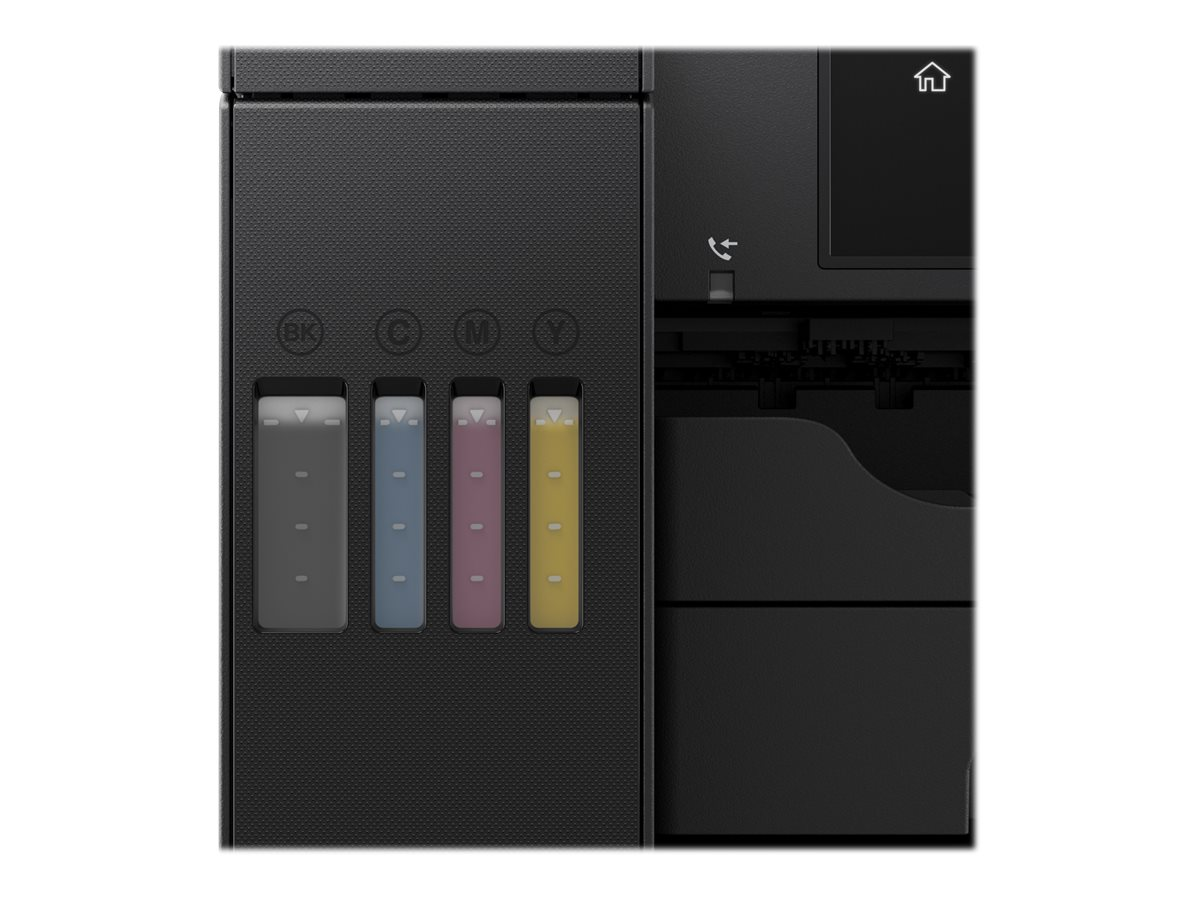 Nahaufnahme der Tintenbehälter eines Epson-Druckers, die die Farben Schwarz, Cyan, Magenta und Gelb zeigen.