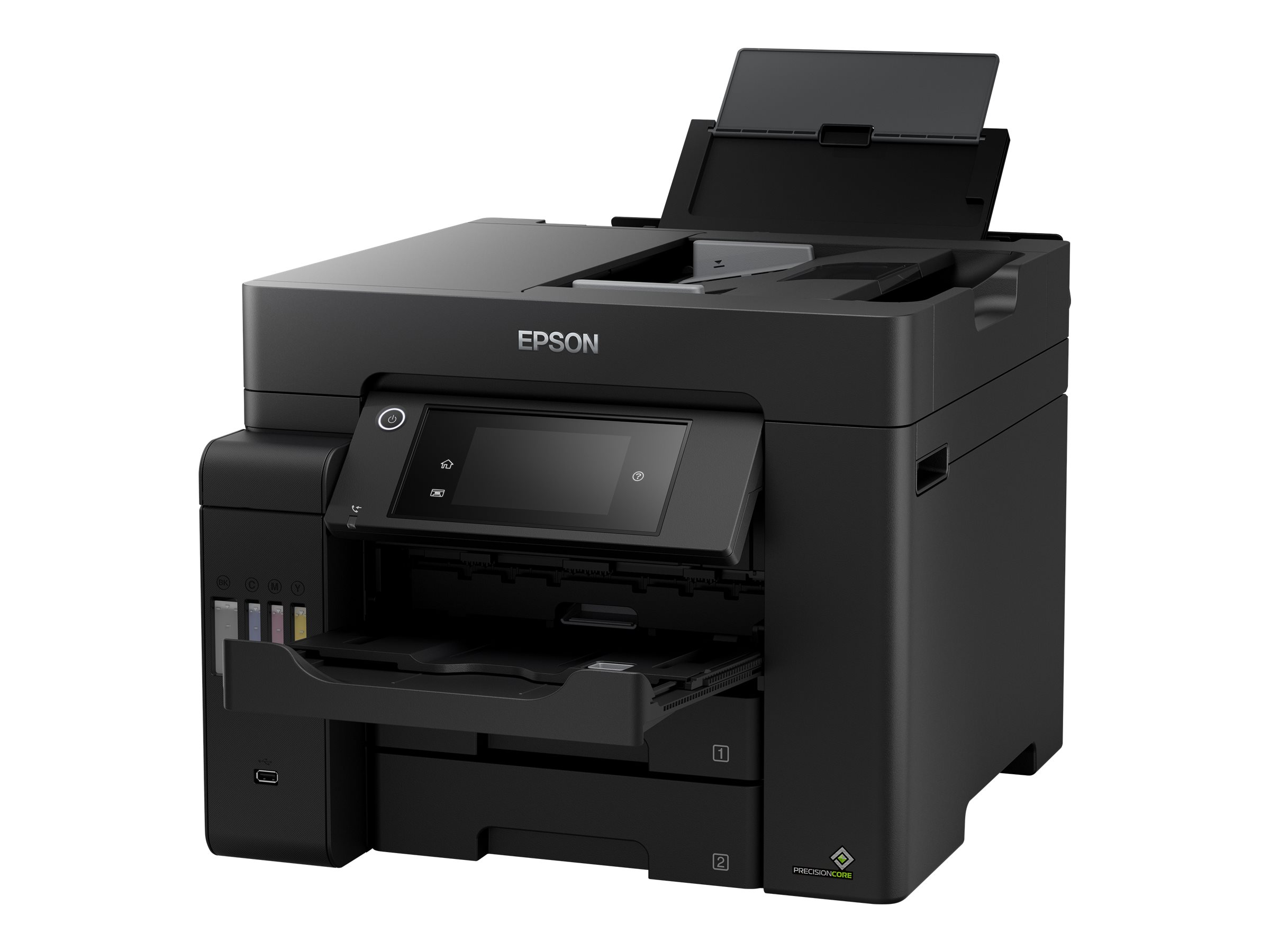 Schwarzer Epson-Drucker mit offenen Papierfächern und einem Display.