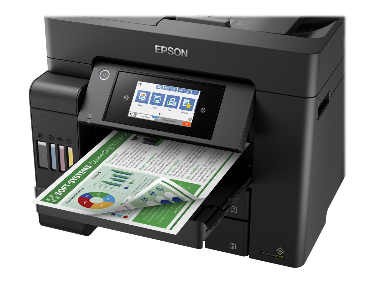 Schwarzer Epson-Drucker, der ein Dokument mit Farbabbildungen druckt, das Papierfach ist geöffnet.
